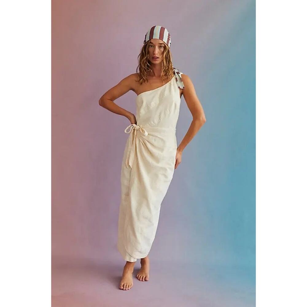 New FREE PEOPLE At Leisure Midi Wrap Dress ONE SHOULDER $98 SMALL Wet Plaster